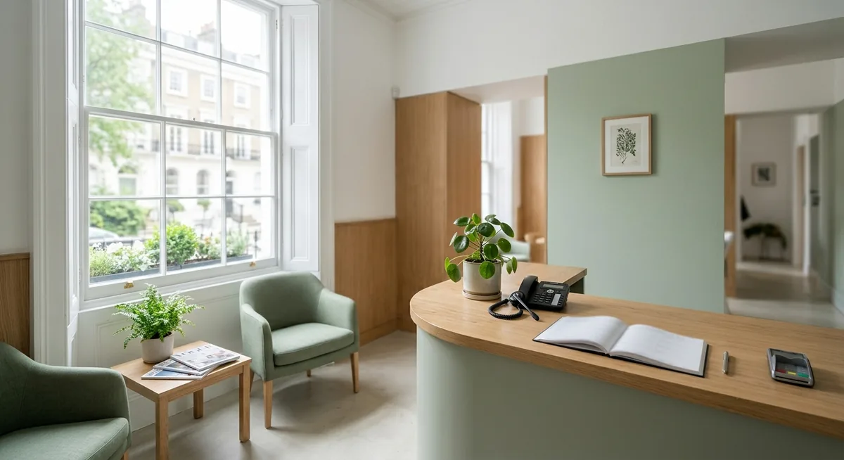 Reception of a modern British dental practice with a telephone and headset on the desk