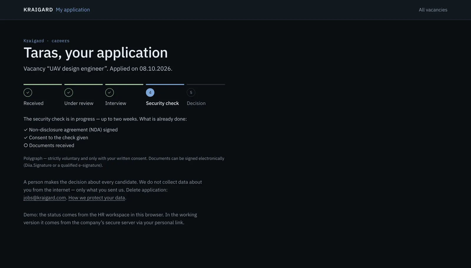 Application status page for the candidate: received, under review, interview, security check, decision