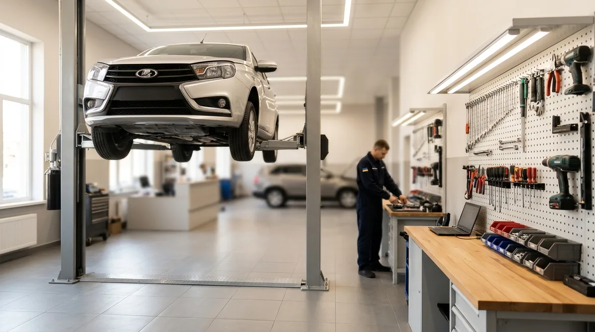 Автомобіль на підйомнику в чистому автосервісі — дзвінки приймає голосовий помічник