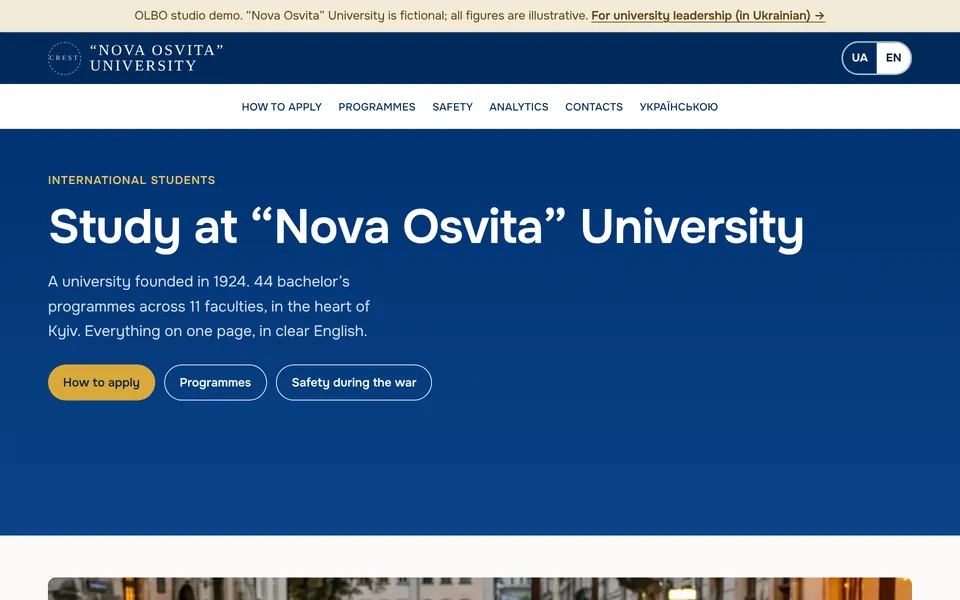 University website demo. Page for international students: how to apply, programmes, safety