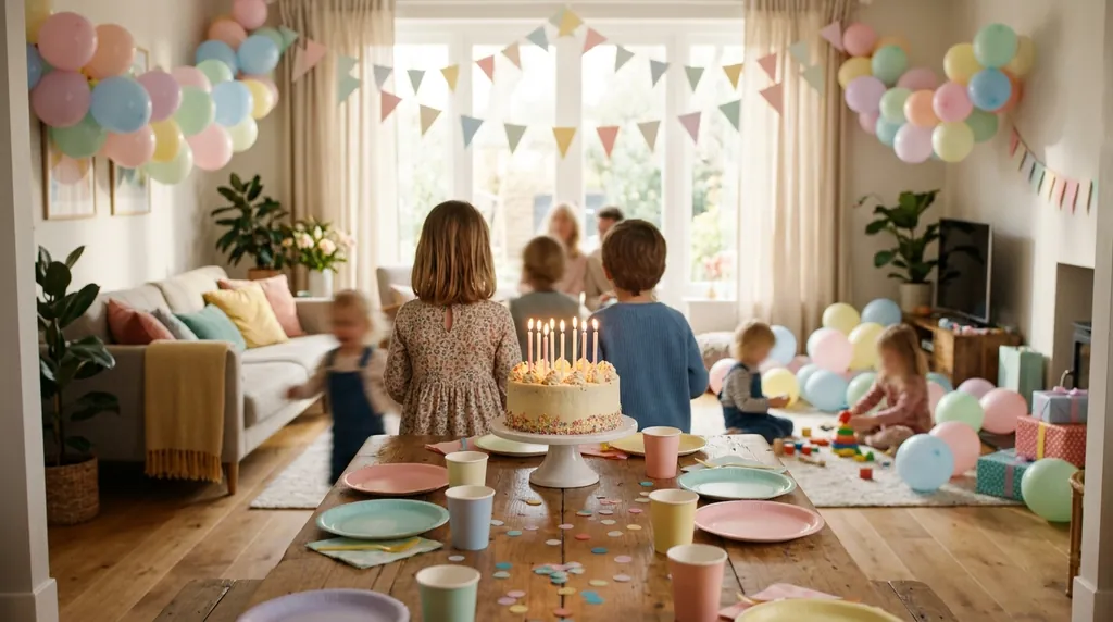A kids’ birthday party at home: balloons, bunting and a cake with candles