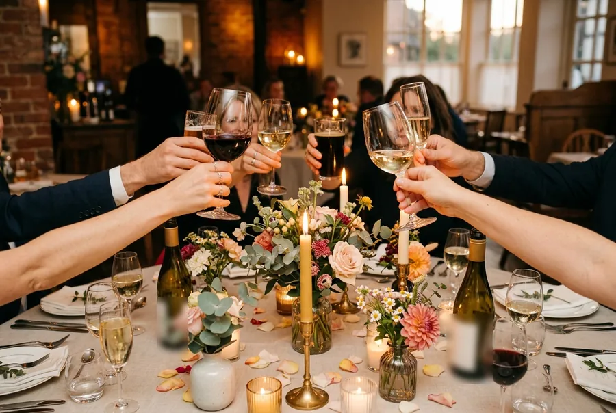 Adult guests raising glasses over a festive table with candles and flowers