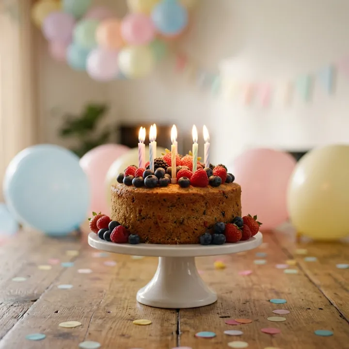 A birthday cake with berries and candles against pastel balloons