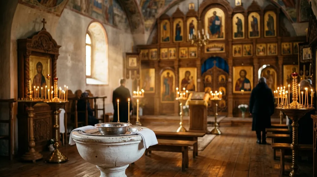 A baptismal font and candles in an old church with an iconostasis