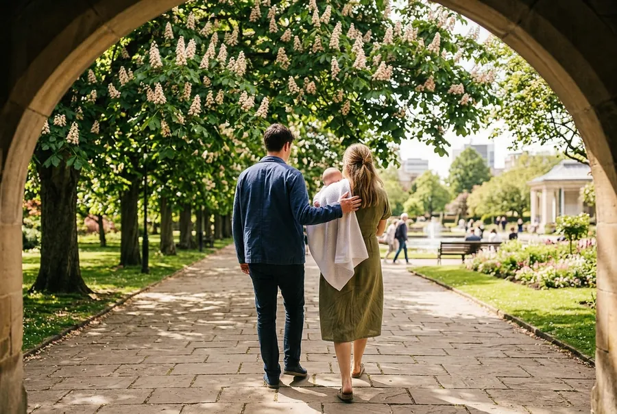 Young parents with a baby in a white blanket walking along an alley of blooming chestnuts