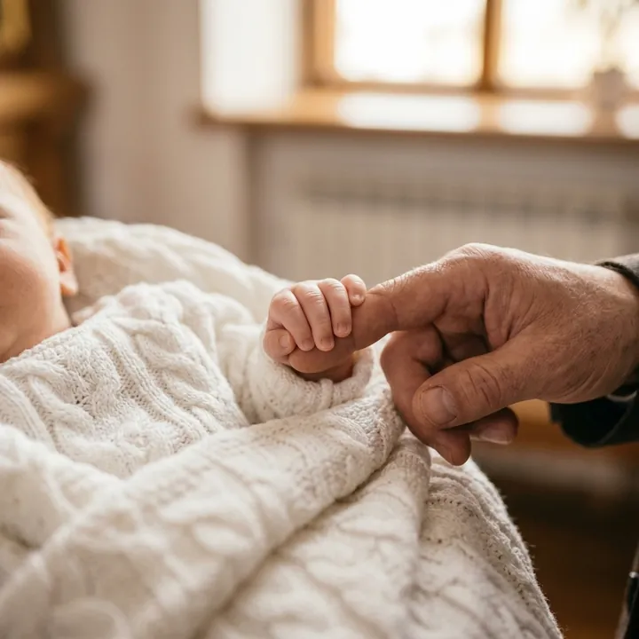A baby’s hand in a white knitted blanket holding an adult’s finger