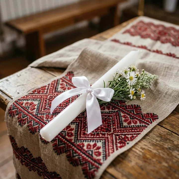 A christening candle with a white ribbon on an embroidered towel