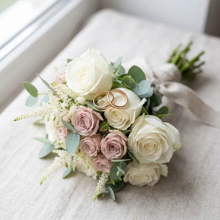 Two wedding rings on a bouquet of white and dusty-pink roses