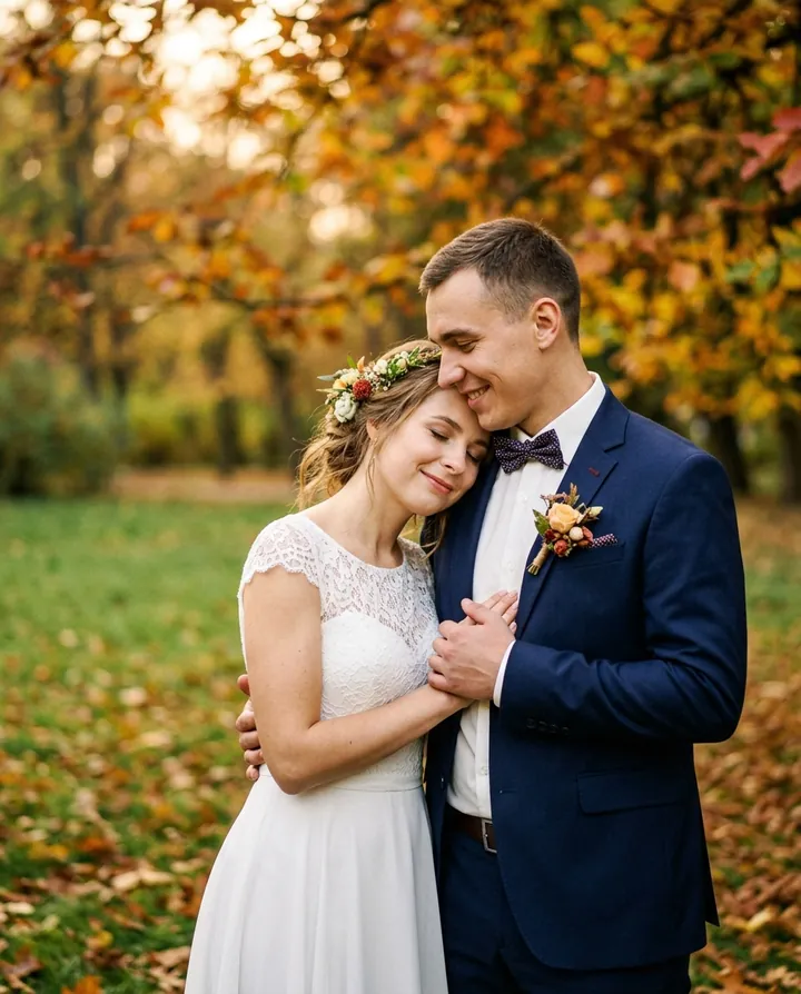 A bride with a flower crown resting her head on the groom’s shoulder in an autumn park