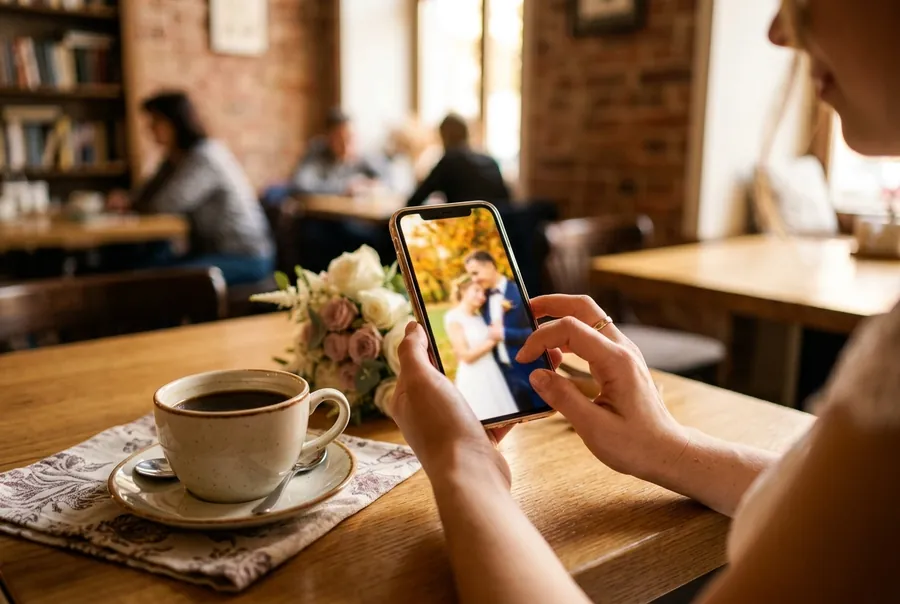 A guest in a café opening a wedding invitation with the couple’s photo on her phone