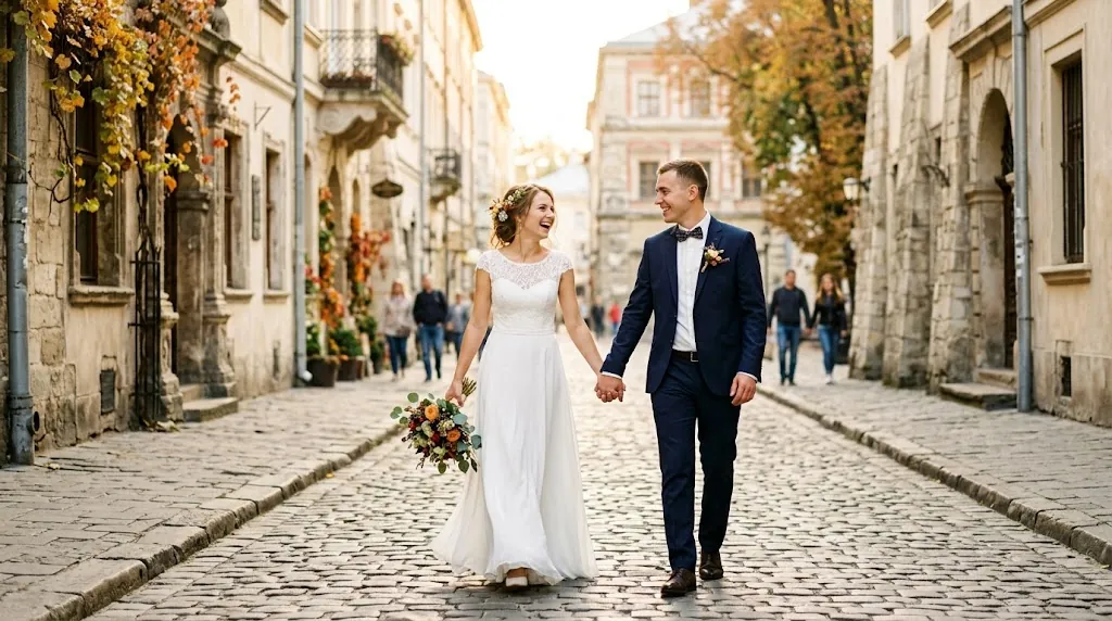 A bride and groom walking hand in hand along an old cobbled street in autumn